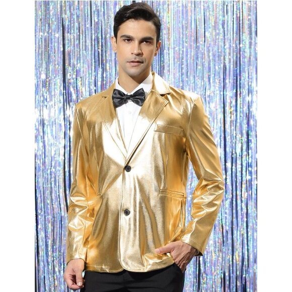Gold Metallic Shiny Mens Blazer Suit Jacket 2 Button Sport Coat Large Prom New - Picture 3 of 11